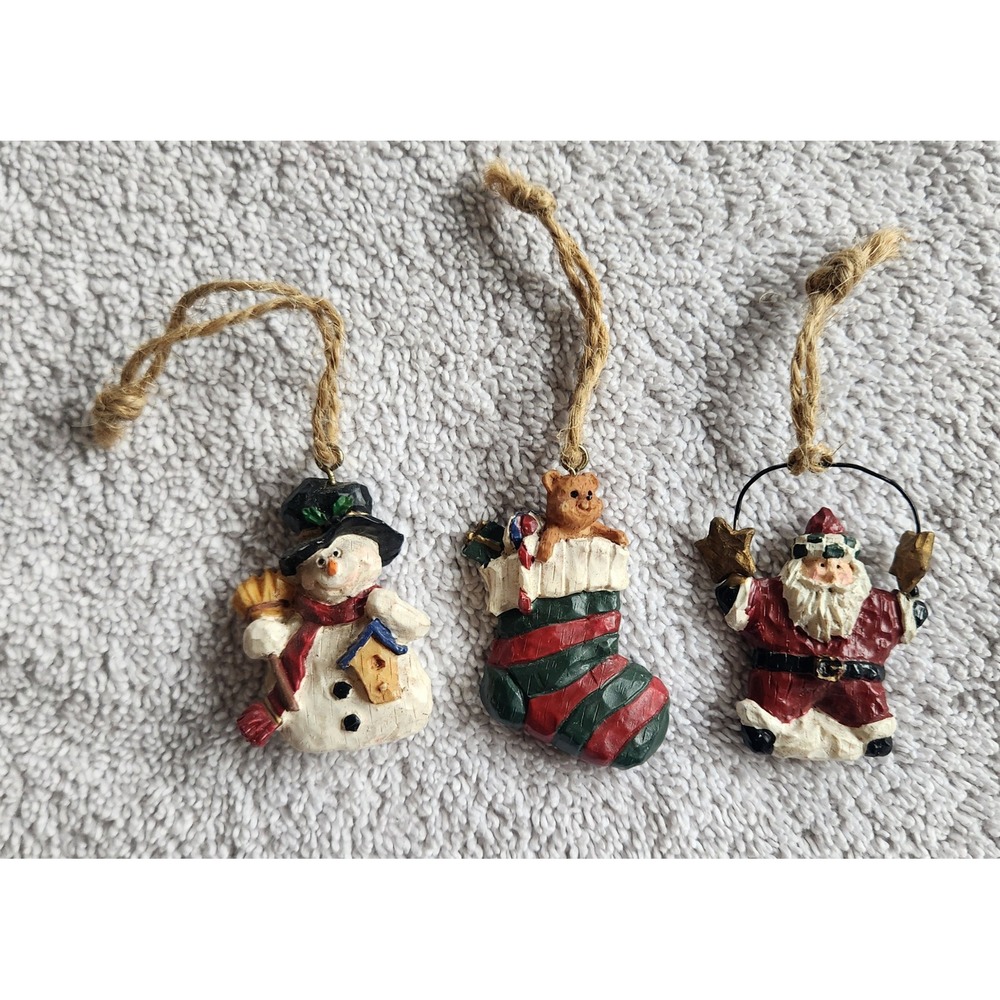 Vintage Style Christmas Ornaments Set 3 Resin‎ Snowman Santa Teddy Bear Stocking